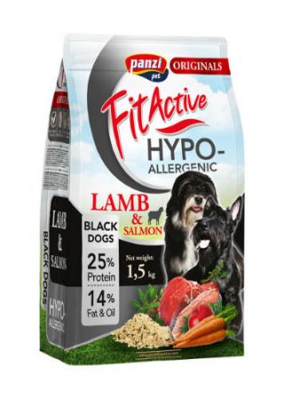 De Fit Active Blackdog is een compleet droogvoer voor volwassen honden van kleine rassen met een zwarte vacht. Denk bijvoorbeeld aan een mopshond, pincher, boomer, ...  Door zijn hypoallergene formule is deze brok bijzonder geschikt voor gevoelige honden. Daarnaast bevat deze formule geen kip, om overgevoeligheden/allergieën te vermijden. De lams/vis/rijst samenstelling zorgt voor een aangename smaak waar uw hond van zal smullen!