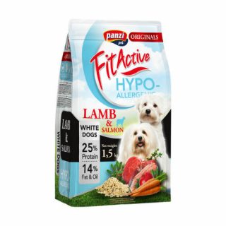 De Fit Active White Dogs is een compleet droogvoer voor volwassen honden van kleine rassen. Denk bijvoorbeeld aan een Maltezer, Lhasa Apso, White terrier,…Door zijn hypoallergene formule is deze brok bijzonder geschikt voor gevoelige honden. Daarnaast bevat deze formule geen kip, om overgevoeligheden/allergieën te vermijden. De keuze van vitaminen en mineralen zorgt voor het behoud van een mooie witte vacht! De lams/vis/rijst samenstelling zorgt voor een aangename smaak waar jouw hond van zal smullen!