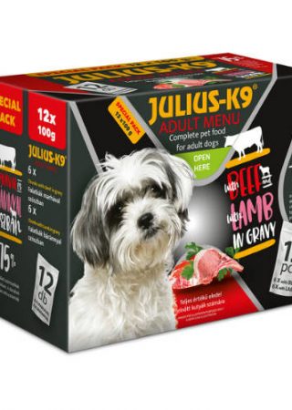 Julius-K9 maaltijdbox is de ideale oplossing voor honden die moeilijk eten. 12 heerlijke 100g zakjes met saus in verschillende smaken!