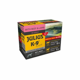 Julius-K9 maaltijdbox is de ideale oplossing voor honden die moeilijk eten. 12 heerlijke 100g zakjes met saus in verschillende smaken!