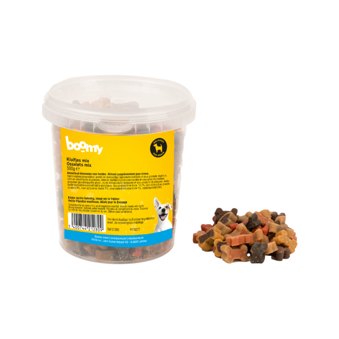 Smakelijke kluifjes mix verkrijgbaar in 500g, 1,8kg of 3,5kg. De perfect snack voor trainingsmomenten of gewoon als lekker tussendoortje!