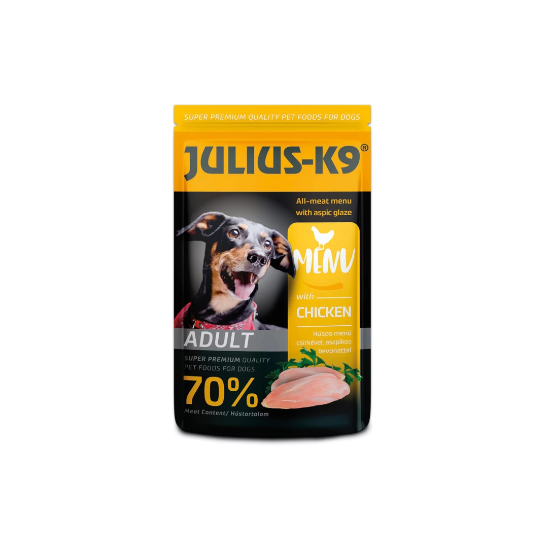 Smakelijke maaltijdzakjes van 125g, perfect voor onderweg of als smaakmaker over de brokken. Gemaakt van 70% vlees waarvan 25% kip.