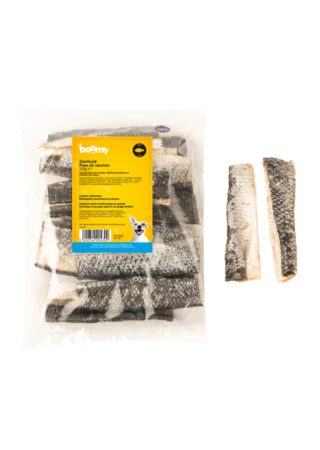 Zalmhuid op natuurlijke wijze gedroogd! Deze zalmhuid stroken van 13cm zijn voedzame snacks en geschikt voor alle rassen en leeftijden.