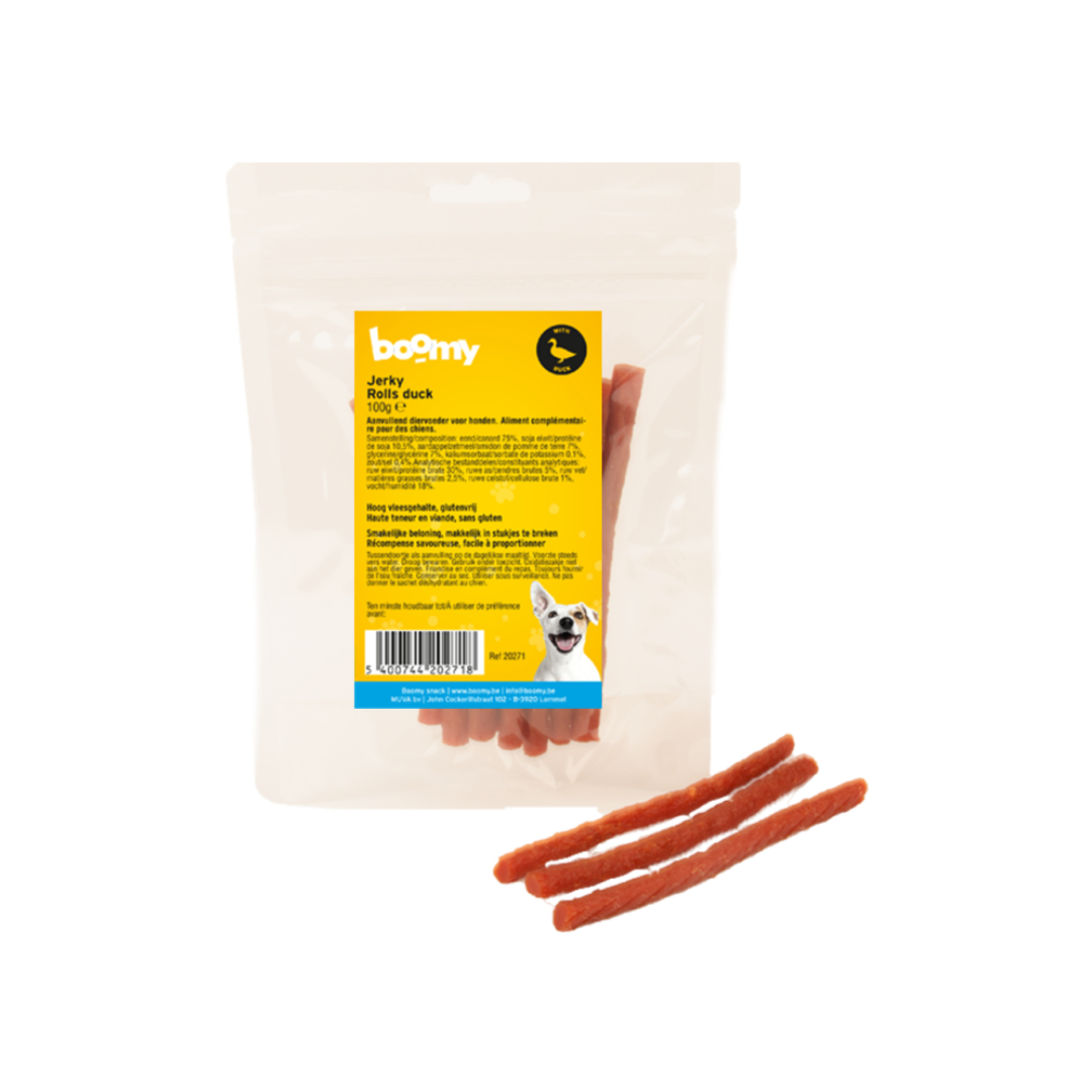 Zachte, ronde Jerky rolls hebben een hoog vleesaandeel van maar liefst 80%. Deze vleessnacks zijn verkrijgbaar in zes smaakvarianten, in 100-300-500g.