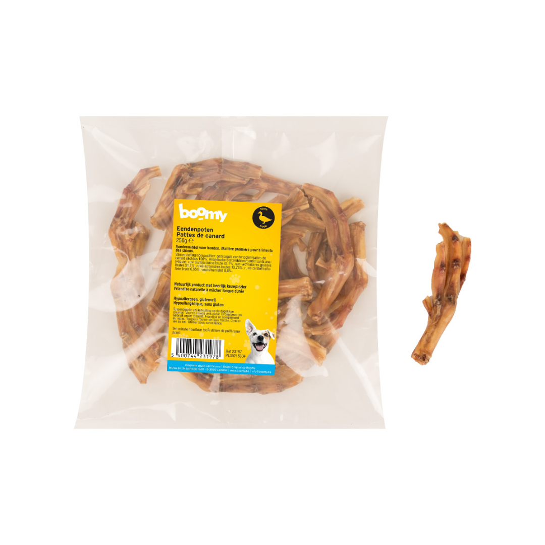 De eendenpoten zijn een smakelijke en 100% natuurlijke snack. Geschikt voor alle leeftijden en hondenrassen. Verpakt in een handige 250g verpakking!