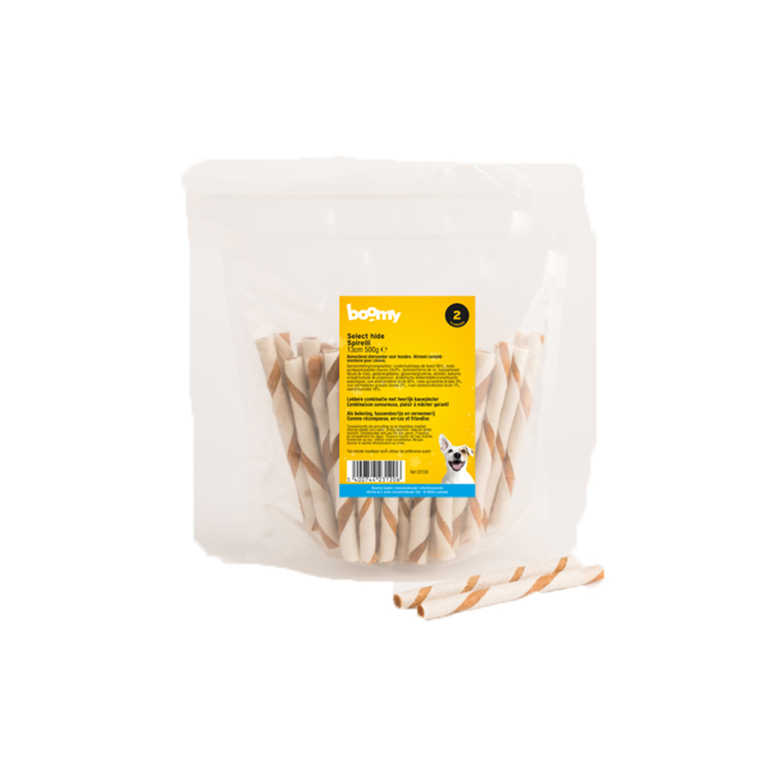 De spirelli is een smakelijke en stevige kauwsnack van 13 cm lang en combineren natuurlijke runderhuid met zoete aardappel. Verkrijgbaar in 100g of 500g.