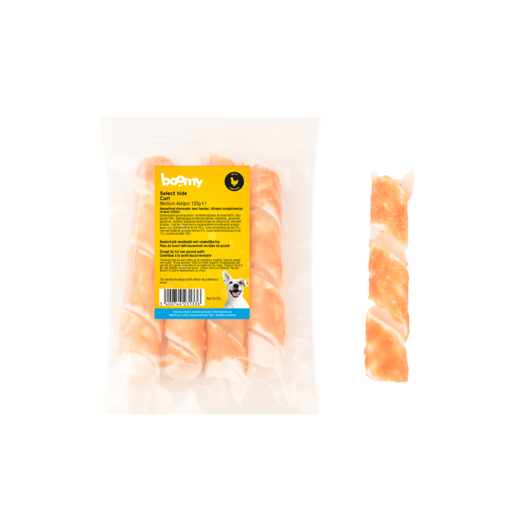 De select hide curl is een hol, luchtig opgerolde kauwsnack van runderhuid, omwikkeld met een royale laag kip. Geshikt voor alle leeftijden en rassen.