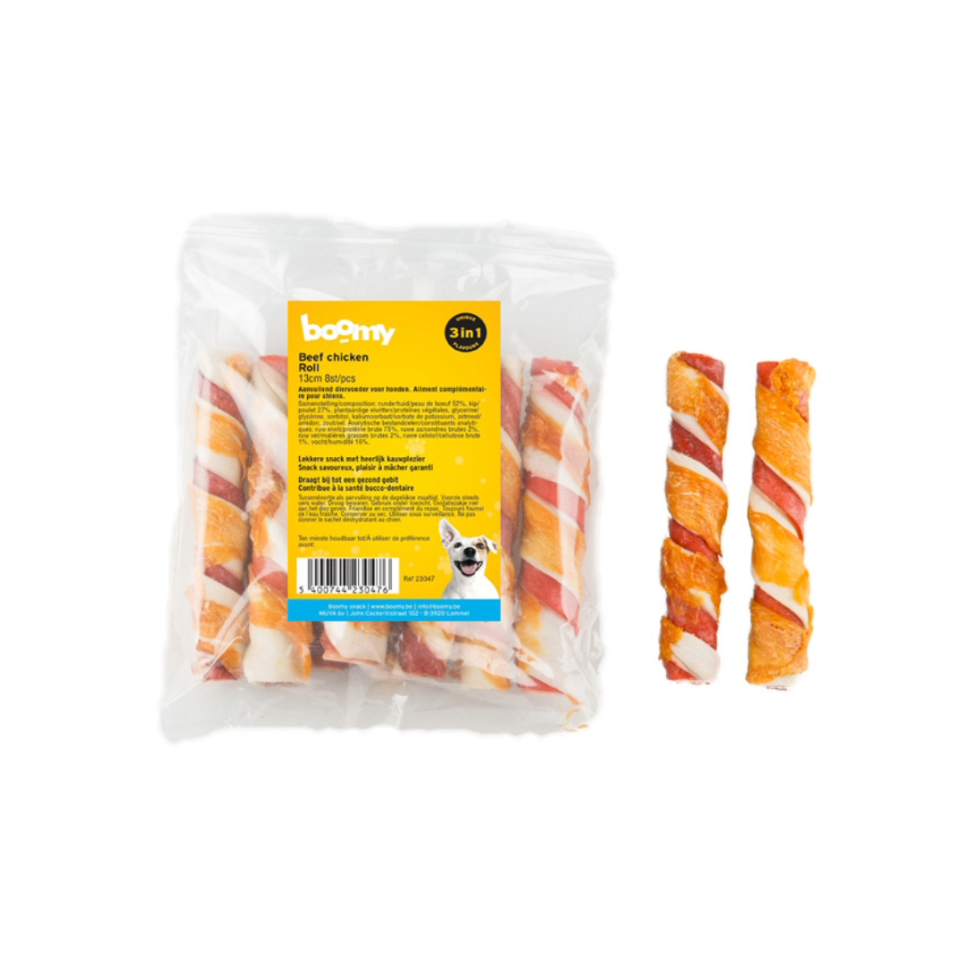 De Beef & Chicken Rolls zijn gemaakt uit een stevige runderhuid kern, omwikkeld met een dubbele laag rund en kippenvlees. Verkrijgbaar in 13cm, 20cm of 40cm