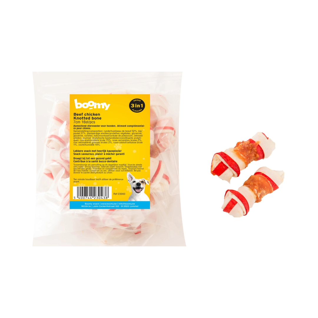 Deze Beef & Chicken knotted Bones zijn een heerlijke combinatie van runderhuid en kip. Geschikt voor alle kleine tot middelgrote hondenrassen.