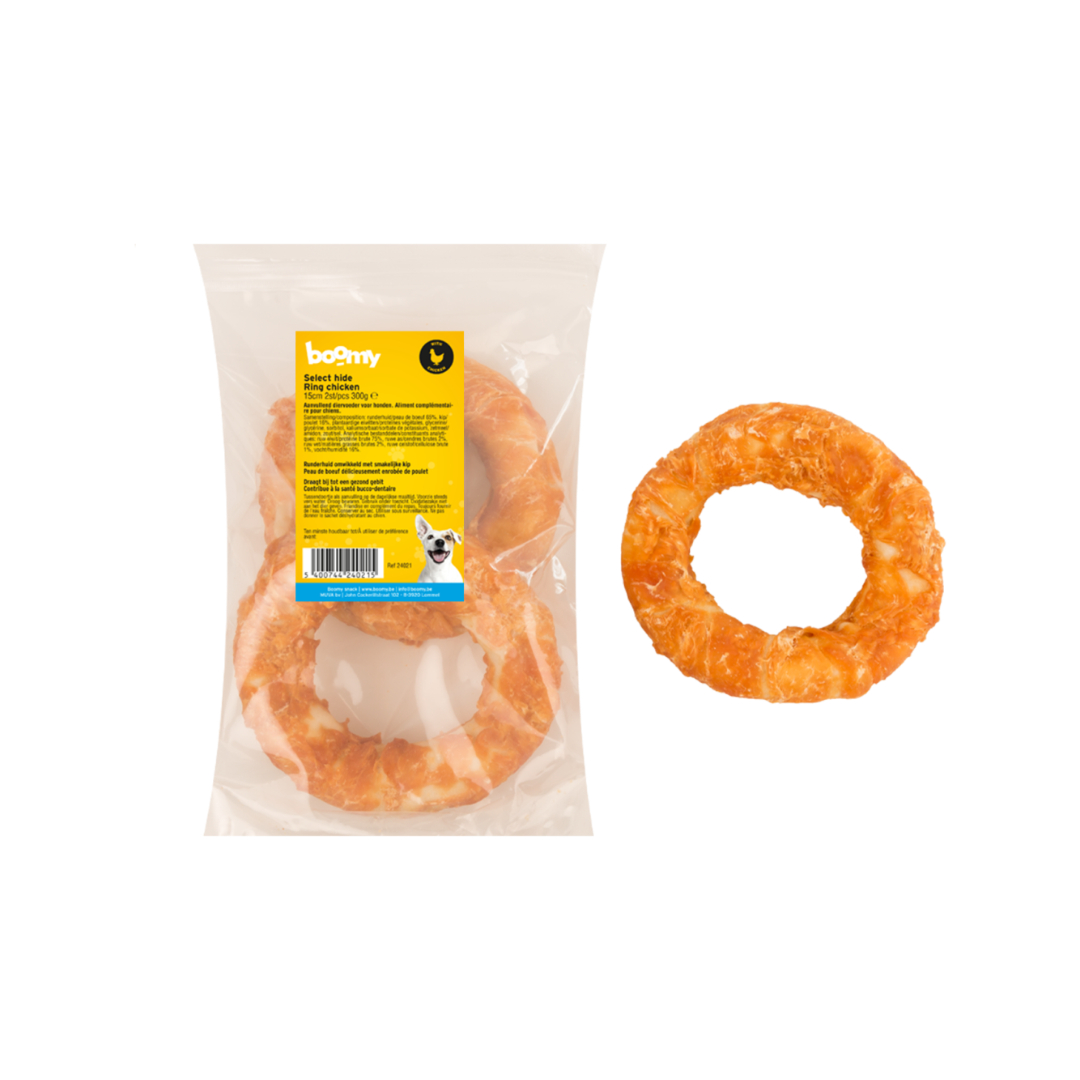 Deze kauwring van 15cm gemaakt van runderhuid omhult met kip is geschikt als kauwsnack voor middelgrote tot grote honden. Verpakt per 2 stuks.