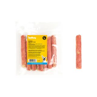 De collageen roll van 15cm lang en 2,5cm dik is gemaakt van collageenrijke buffelhuid en omwikkeld met een laagje eend. Een veilig alternatief voor rawhide!