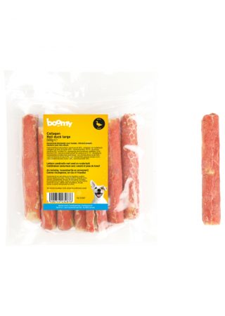 De collageen roll van 15cm lang en 2,5cm dik is gemaakt van collageenrijke buffelhuid en omwikkeld met een laagje eend. Een veilig alternatief voor rawhide!