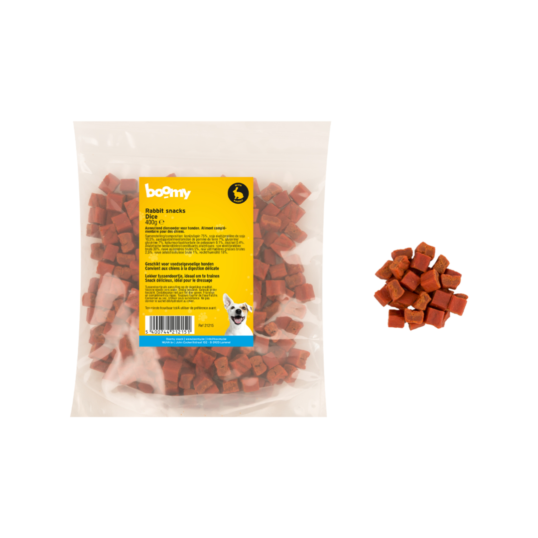 Deze konijnenblokjes van 6 à 7mm bestaan voor 75% uit konijnenvlees en zijn de perfecte zachte snack om te gebruiken bij trainingen of als beloning.
