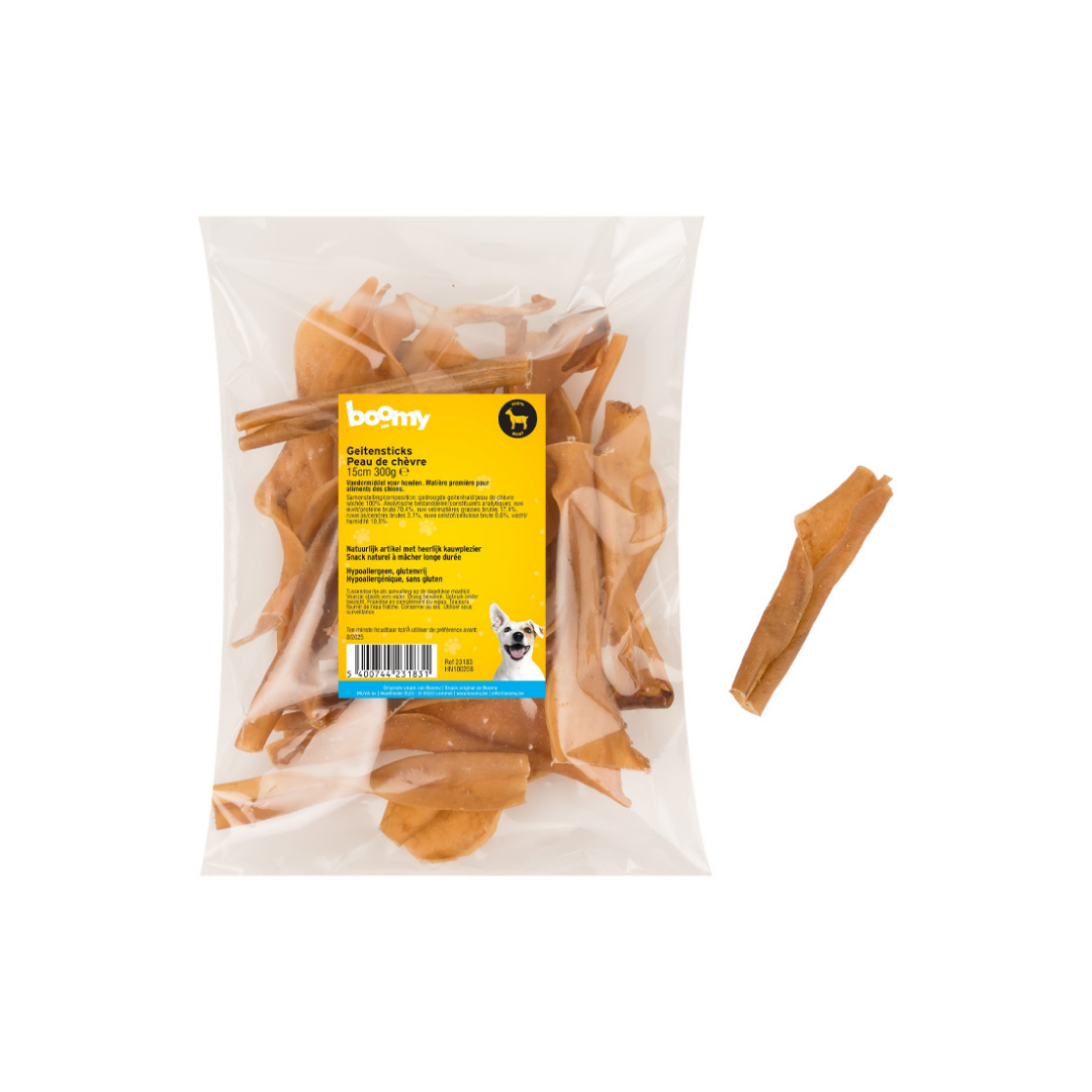 De geitensticks van 15cm zijn een heerlijke natuurlijke en harde snack voor middelgrote en grote hondenrassen. Verpakt per 300g in hersluitbare verpakking.