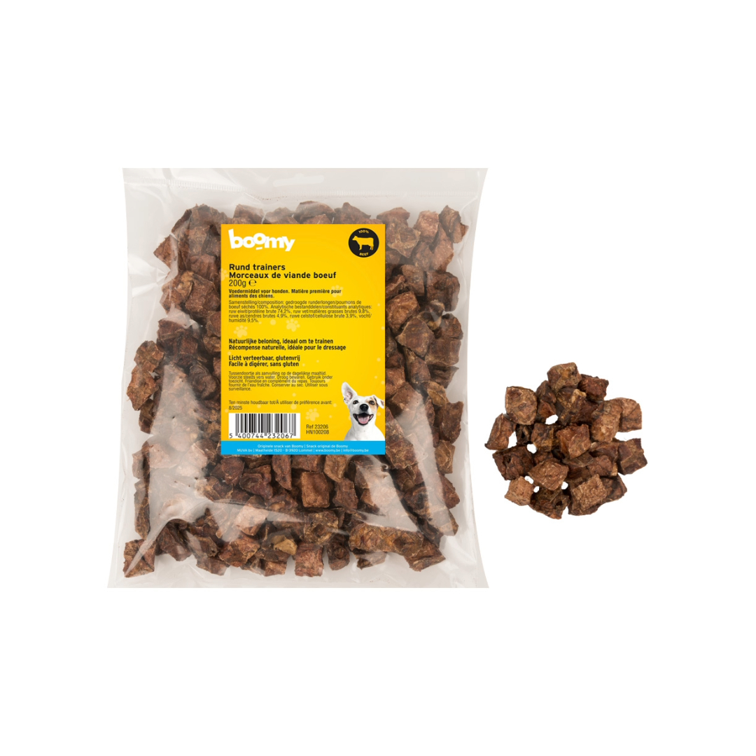 De runderlong blokjes zijn natuurlijke snacks met een grootte van ong. 1,5cm in kubusvorm met een luchtige, poreuze textuur. Perfect voor trainingen!