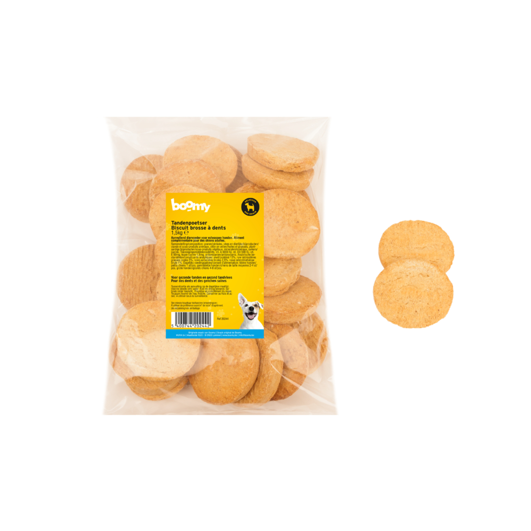 De krokante tandenpoetser helpen jouw hond zijn gebit proper te houden. Daarnaast is het een heerlijke biscuit van 8cm in diameter, perfect als snack!