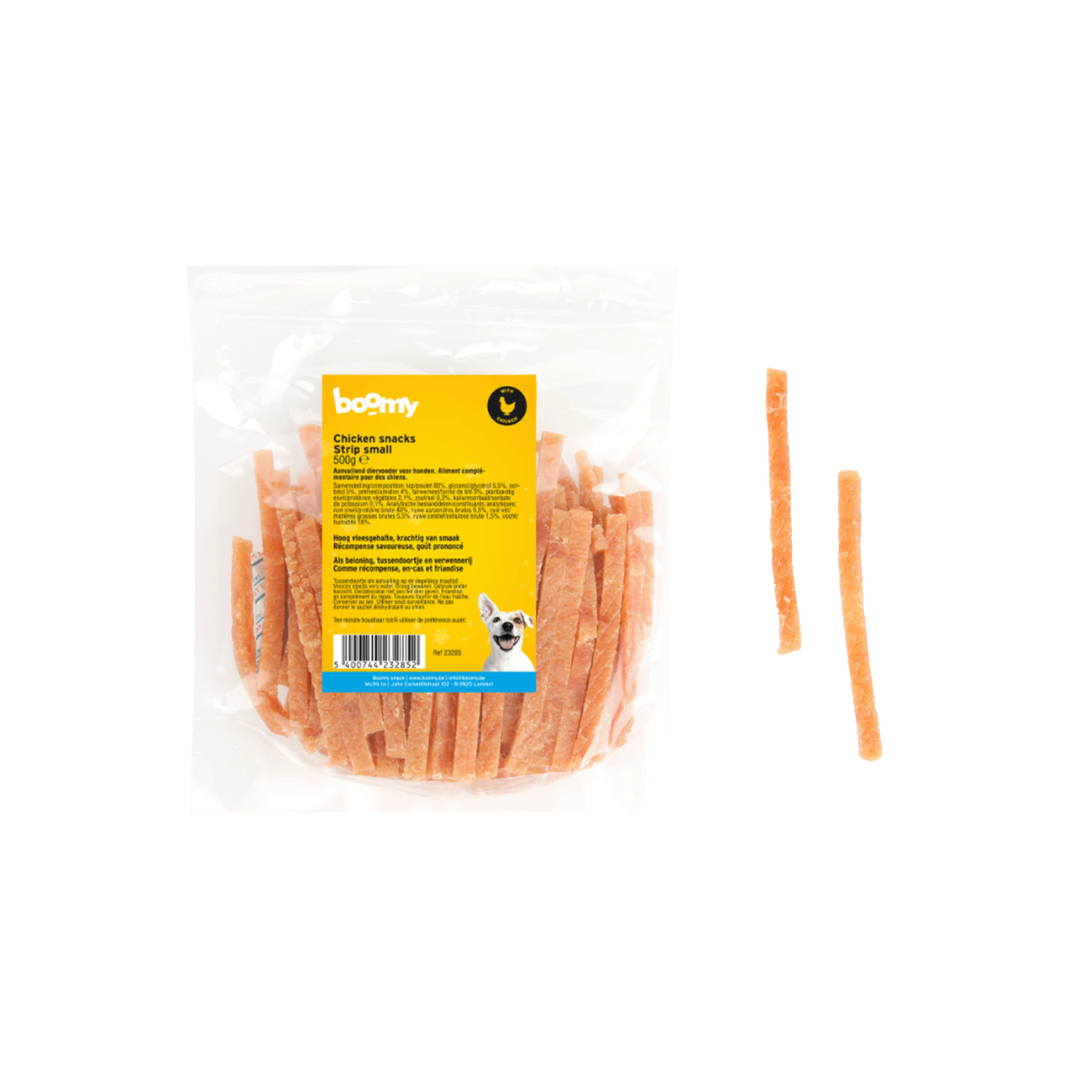 Deze heerlijke kip strookjes van 11cm zijn gezonde en malse snacks voor kleine tot middelgrote honden. Verpakt per 500g in hersluitbare verpakking.