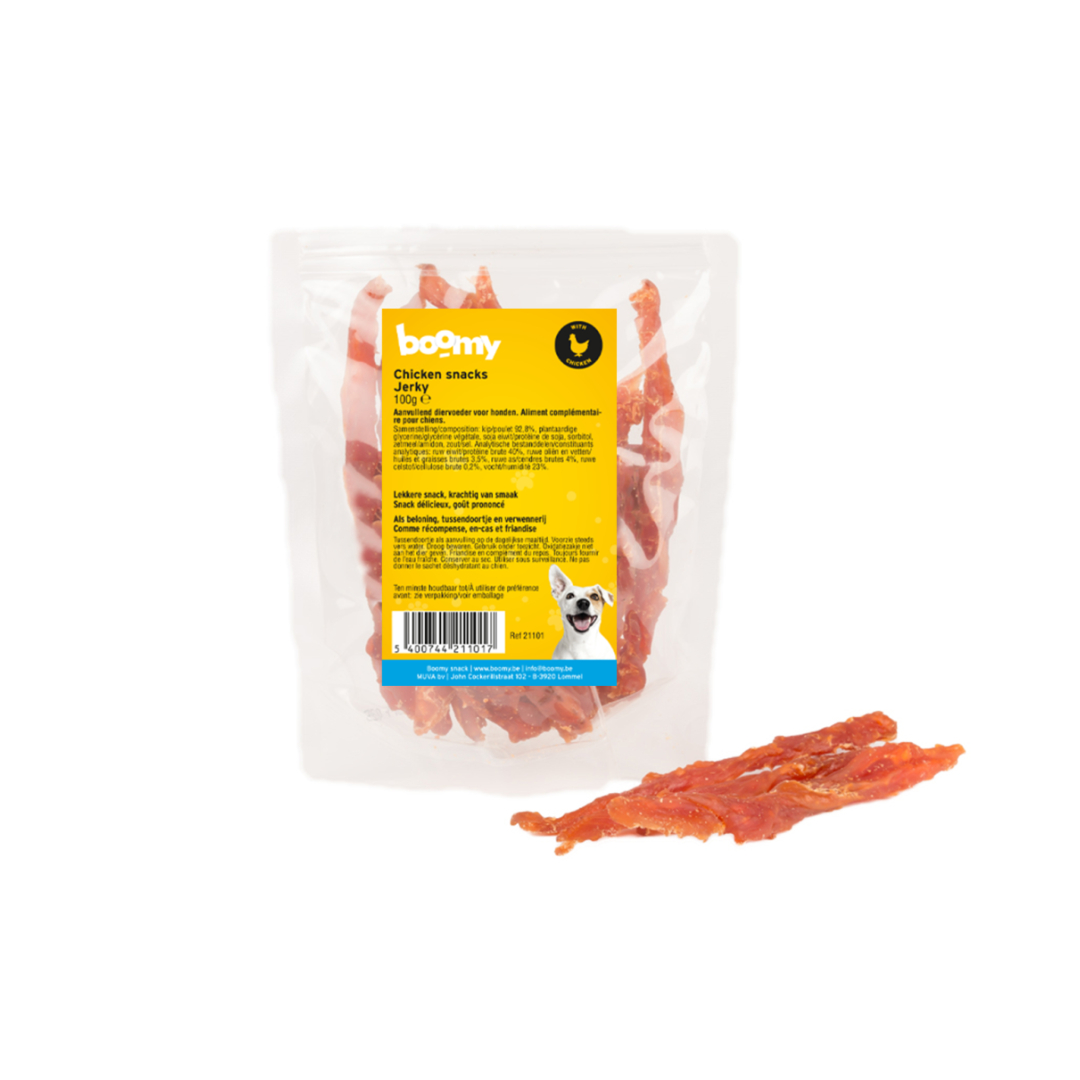 De kip jerky zijn heerlijke kipfilets in reepjes gesneden. Verkrijgbaar in 100g of 500g, in hersluitbare verpakkingen zodat ze lang vers blijven.