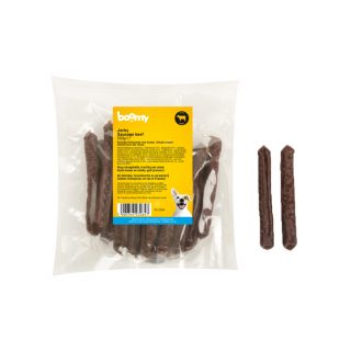 De jerky worstjes van 12cm zijn verkrijgbaar in de smaken kip of rund. Verpakt in een handige hersluitbare verpakking van 500g, voor extra lang plezier!