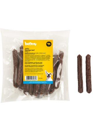 De jerky worstjes van 12cm zijn verkrijgbaar in de smaken kip of rund. Verpakt in een handige hersluitbare verpakking van 500g, voor extra lang plezier!