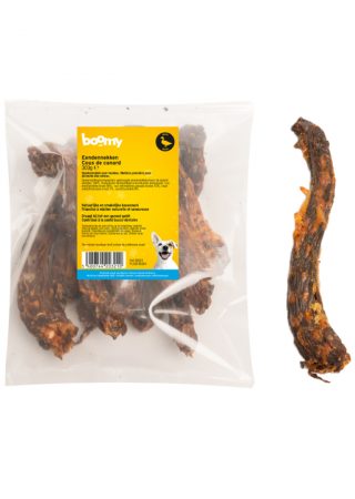 Deze eendennekken zijn op natuurlijke wijze gedroogd en bestaan uit 100% eendennekken, geen toevoegingen. Verpakt in hersluitbare zak van 300g.