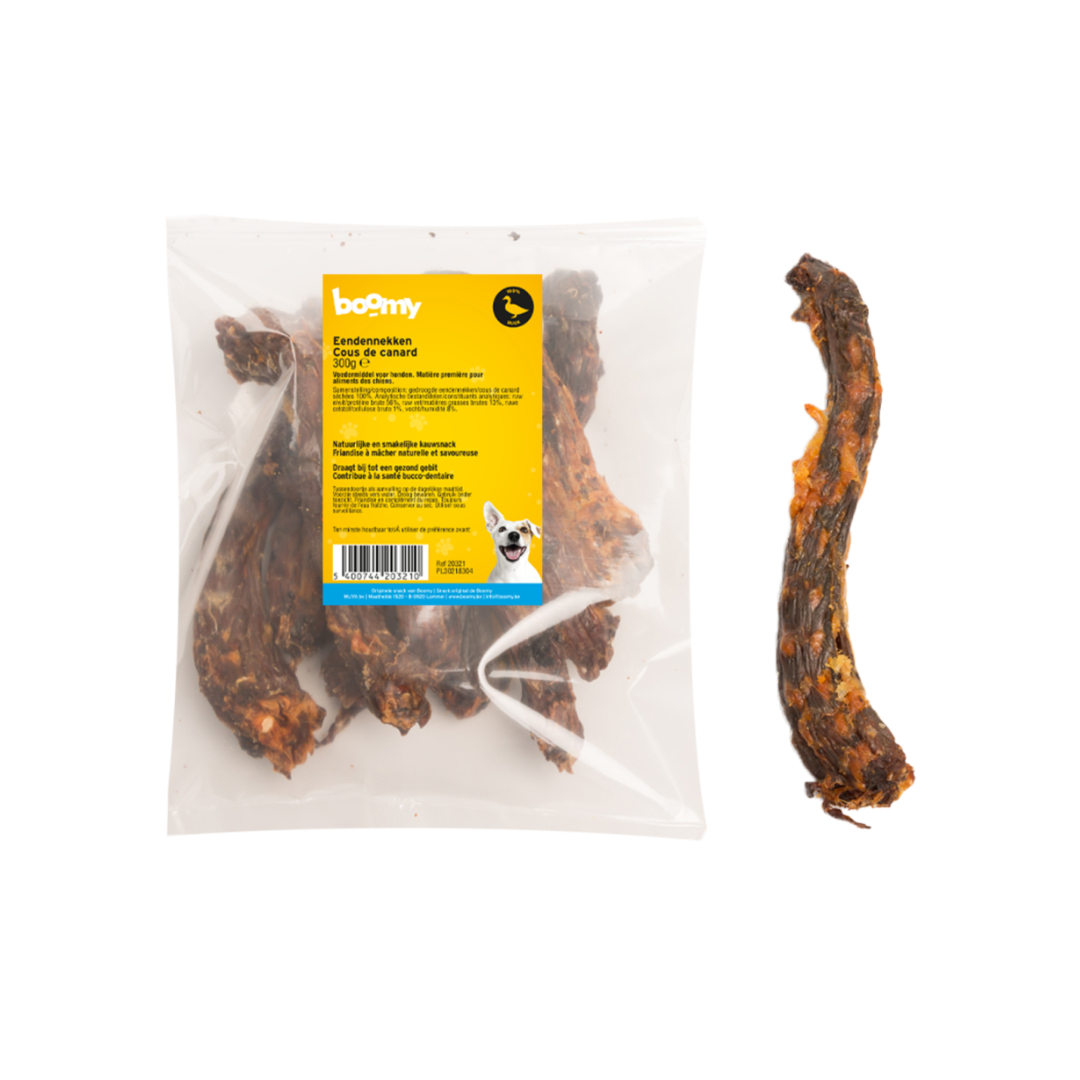 Deze eendennekken zijn op natuurlijke wijze gedroogd en bestaan uit 100% eendennekken, geen toevoegingen. Verpakt in hersluitbare zak van 300g.