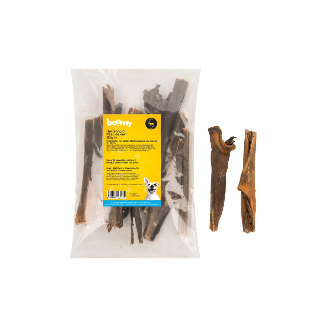 De hertenhuid van 15cm is de perfect harde kauwsnack voor middelgrote tot grote rassen. 100% Natuurlijk en hypoallergeen, in een hersluitbare verpakking.