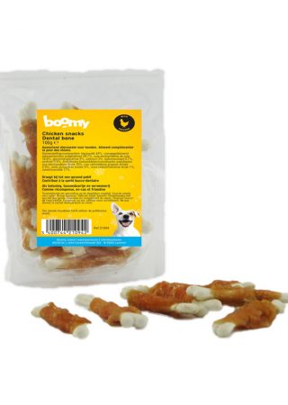 De botjes met kip zijn een heerlijke combinatie tussen harde kauwsnacks en malse kipfilet. Verpakt in handige 100g hersluitbare zak.