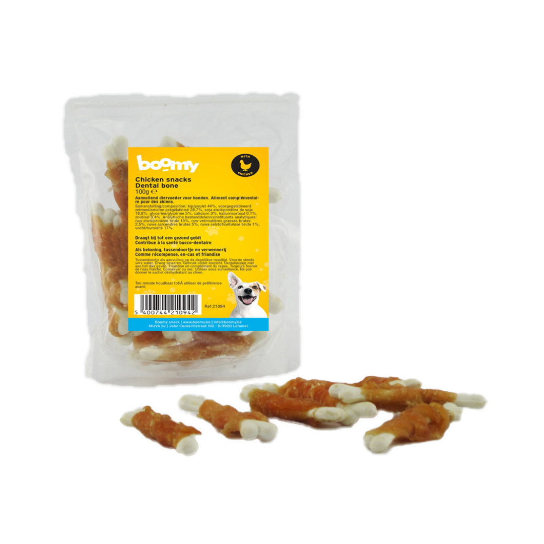De botjes met kip zijn een heerlijke combinatie tussen harde kauwsnacks en malse kipfilet. Verpakt in handige 100g hersluitbare zak.