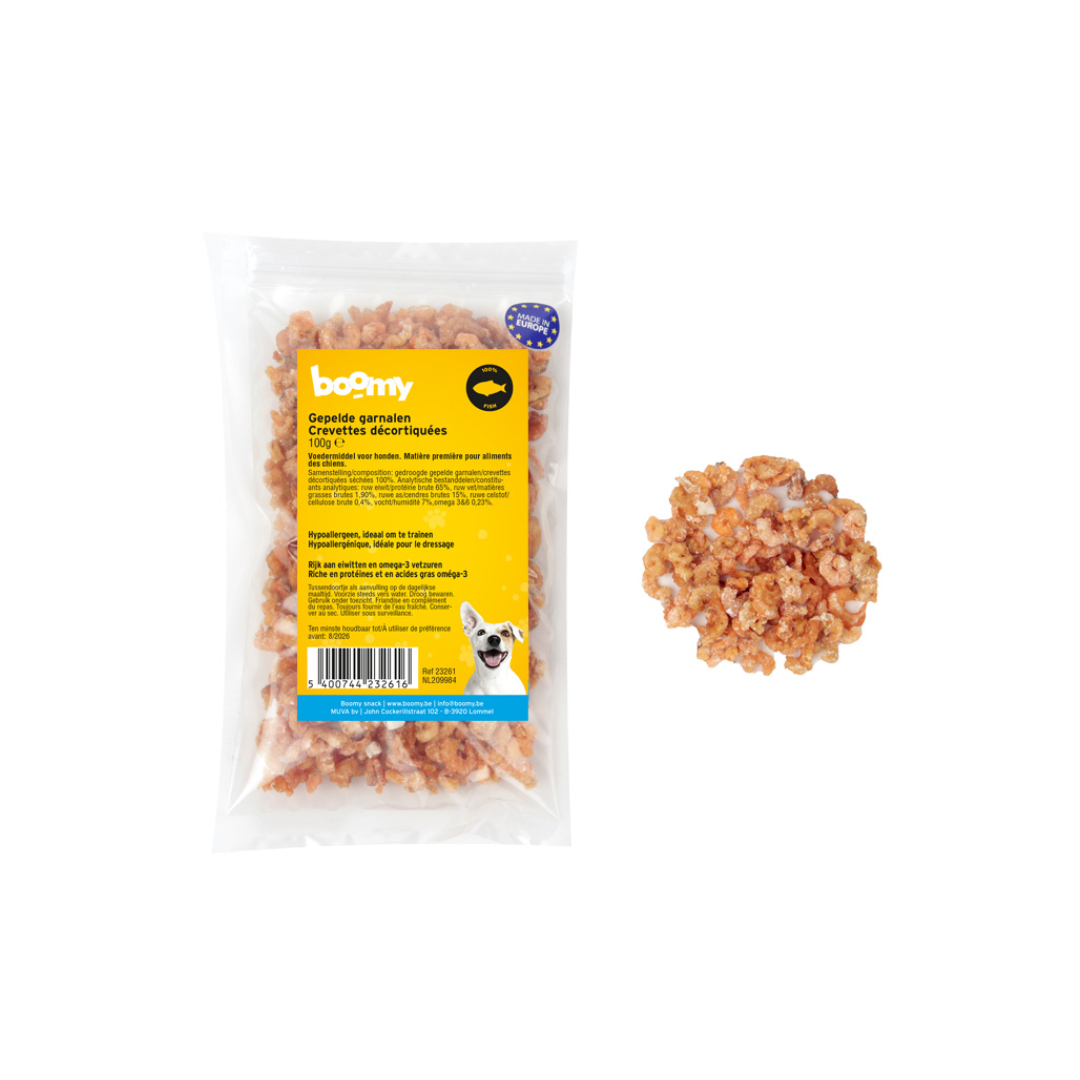 Deze gepelde en gedroogde garnalen zijn een kleine maar geurrijke snack voor honden. Ideaal voor op de hondenschool of gewoon als smakelijk tussendoortje.