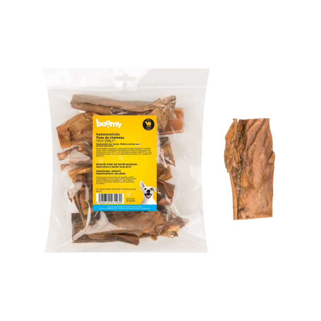 De kamelenhuid van sticks van 15cm zijn extreem harde kauwsnacks geschikt voor middelgrote tot grote hondenrassen. Verpakt per 350g in hersluitbare zak.