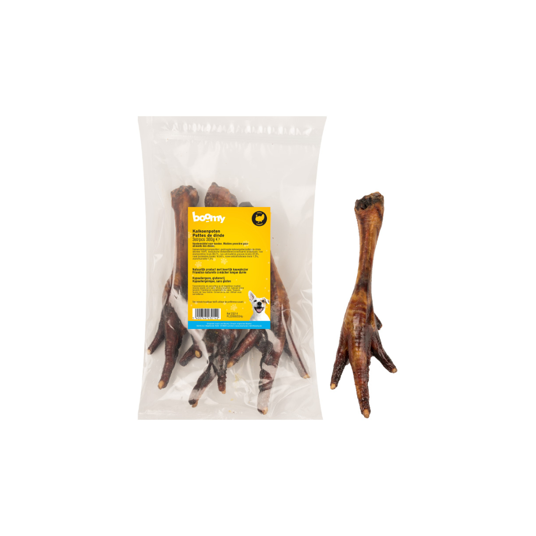 Deze kalkoenpoten van 25-30cm zijn de perfecte kauwsnack voor middelgrote tot grote hondenrassen. Verpakt per 3 stuks voor langdurig kauwplezier.