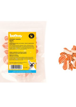 De combinatie van sushi met kip (73,8%) en kabeljauw (17%), met het zachte/compacte formaat maakt deze snacks perfect als tussendoortje of als beloning.