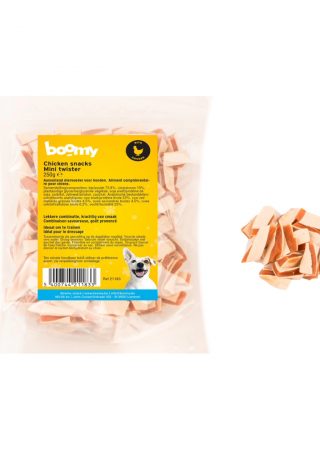 De mini twister is een kleine, zachte snacks van ongeveer 2 cm lang, perfect als snel tussendoortje of beloning tijdens het trainen. Lekker kip & vis smaak!