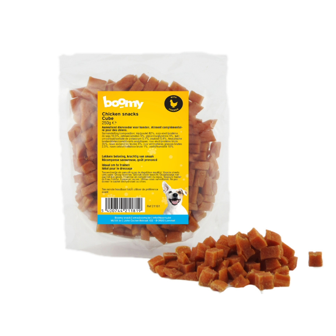 Deze zachte, malse kipblokjes van ongeveer 6 tot 7 mm zijn ideaal als beloning tijdens hondentraining of als snel tussendoortje.