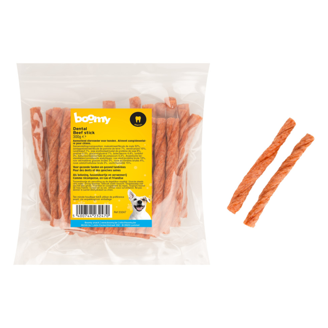 De geribbelde structuur van de dental sticks helpt bij het verminderen van tandplak en tandsteen op een natuurlijke manier. Voor kleine en grote honden.